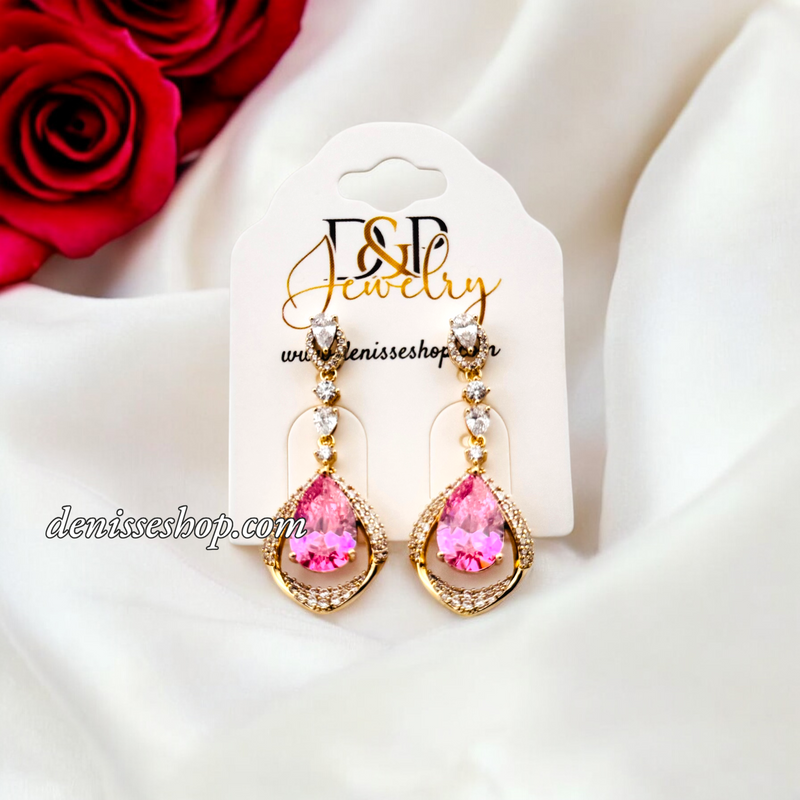 14K LUXURY PINK STONE LONG EARRING E816