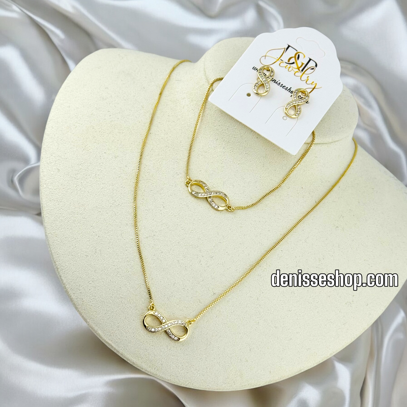 14K GOLD / WHITE SPARKLE INFINITY NECKLACE / EARRING SET N55