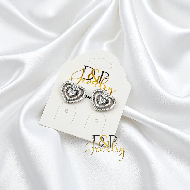 14K SILVER FANCY HEART DESIGN STUD EARRINGS E1029