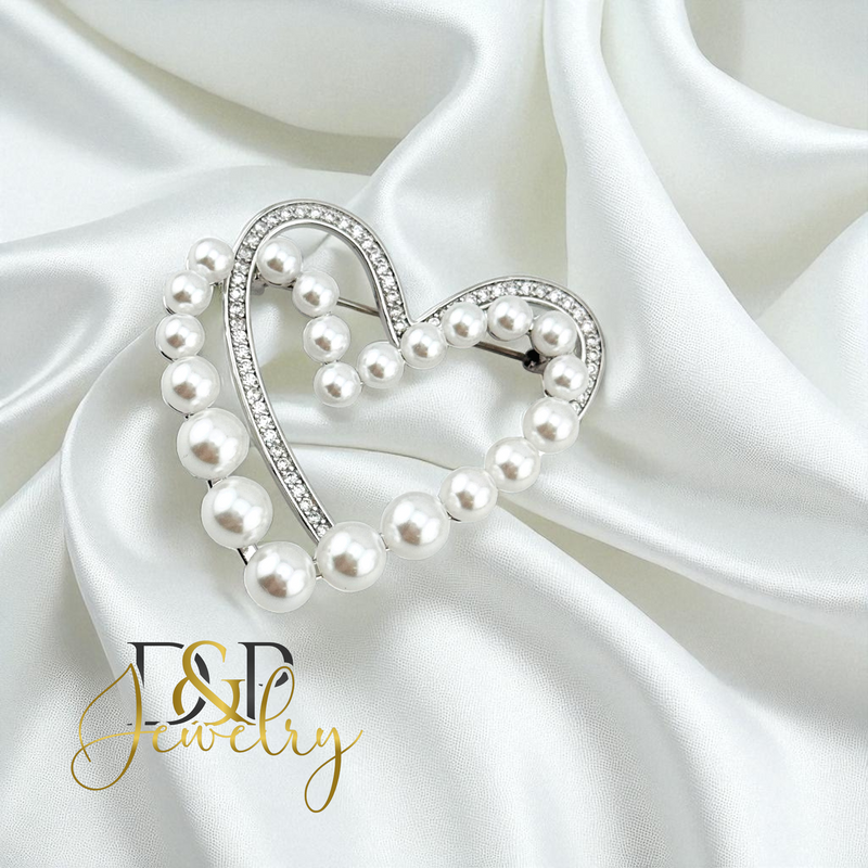 14K SILVER HEART WITH PEARLS BROOCH PIN P924