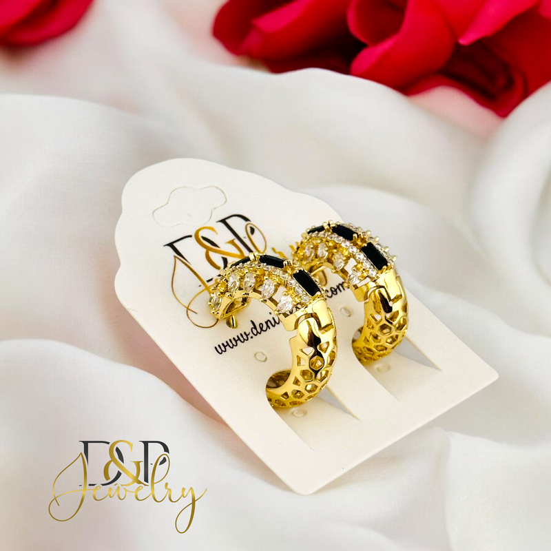 14K BLACK STONES HOOP EARRING HP653