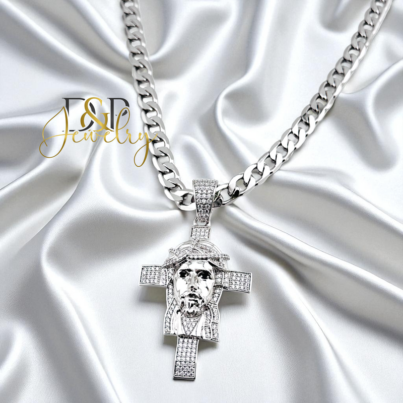 14K SILVER/FACE/CROSS PENDANT P905