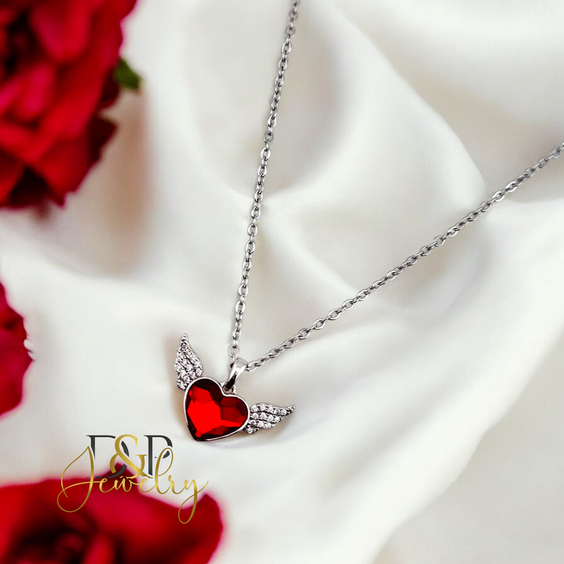 14K WOMAN SILVER RED WING HEART FASHION NECKLACE N252