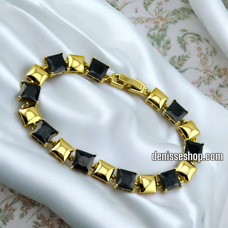 14K /WOMAN BLACK/GOLD SQUARE LINK BRACELET BR588