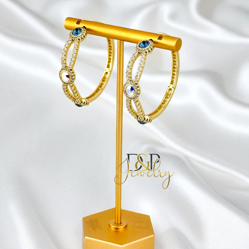 14K GOLD /LONG COLOR  STONES 3 VARIANTS HOOP EARRING HP826