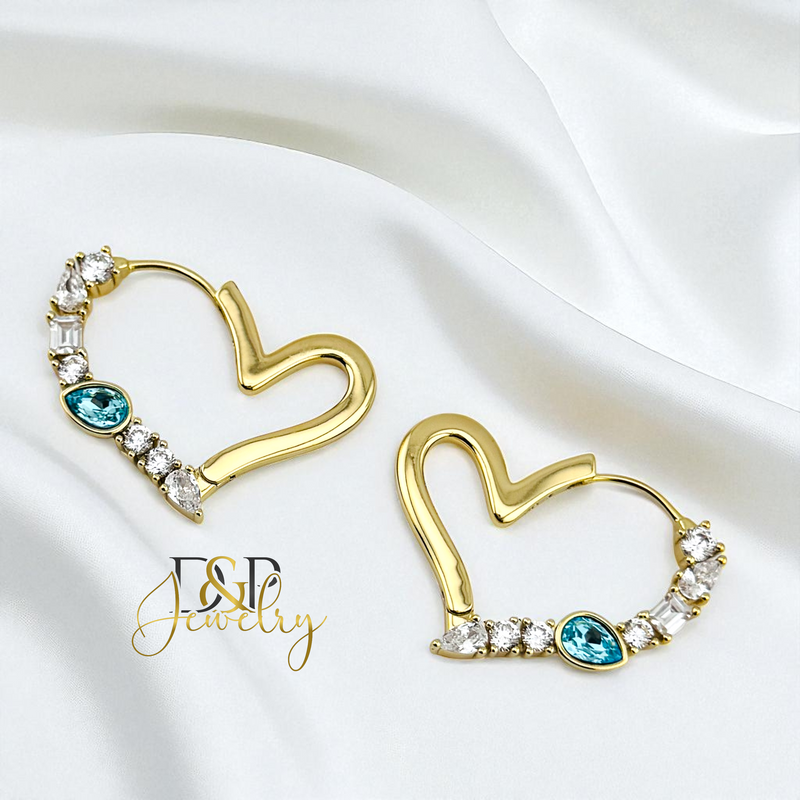 14K GOLD/HEART /BLUE STONE DESIGN HOOP EARRING HP801