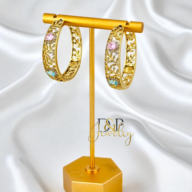 14K GOLD/LONG SIZE/BLUE/PINK STONE DESIGN HOOP EARRING HP807
