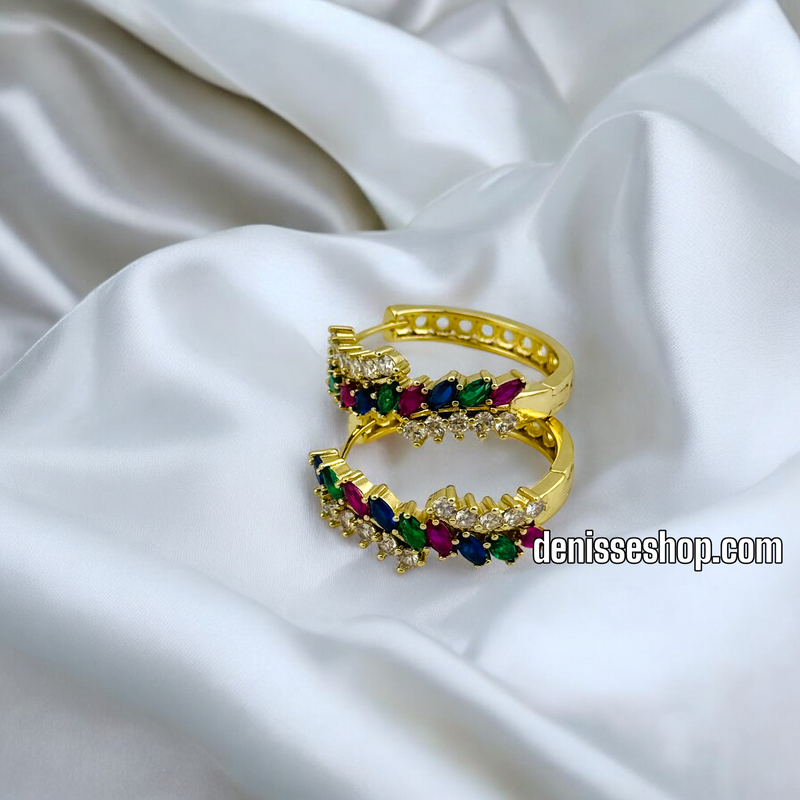 14K GOLD /MULTICOLOR STONE  HOOP EARRING HP502