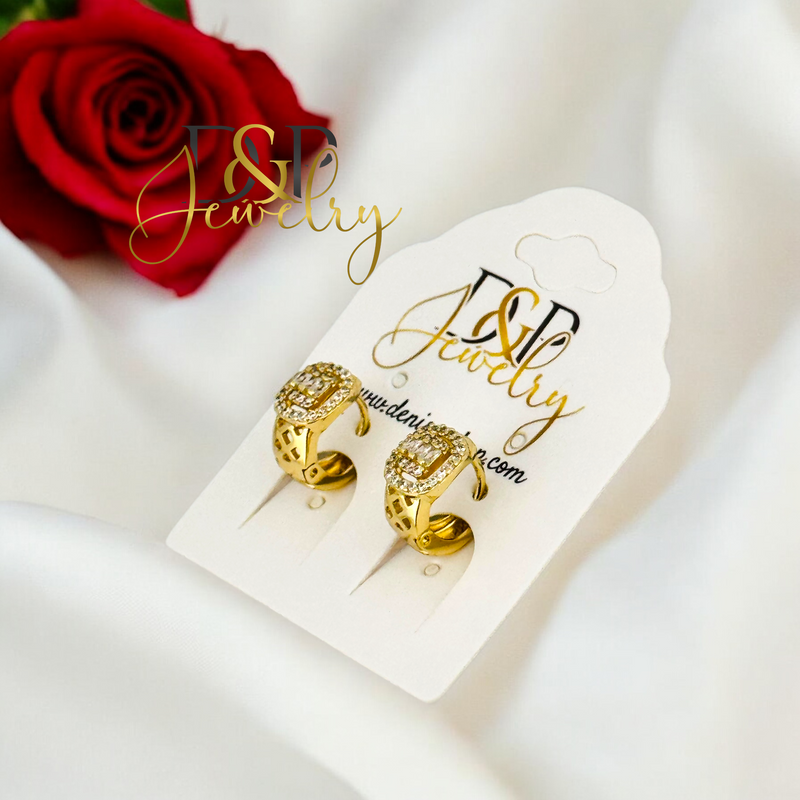 14K WHITE STONE SMALL HOOP EARRING HP663
