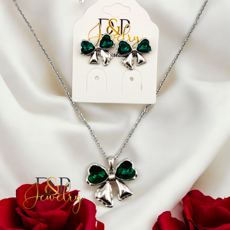 14K WOMAN SILVER GREEN BOW FASHION NECKLACE SET N249