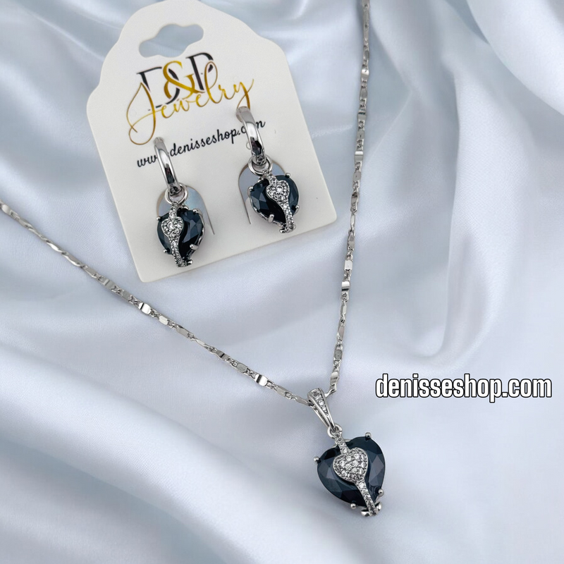 FASHION SILVER BLACK HEART NECKLACE SET N228