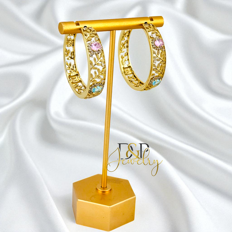 14K GOLD/LONG SIZE/BLUE/PINK STONE DESIGN HOOP EARRING HP807