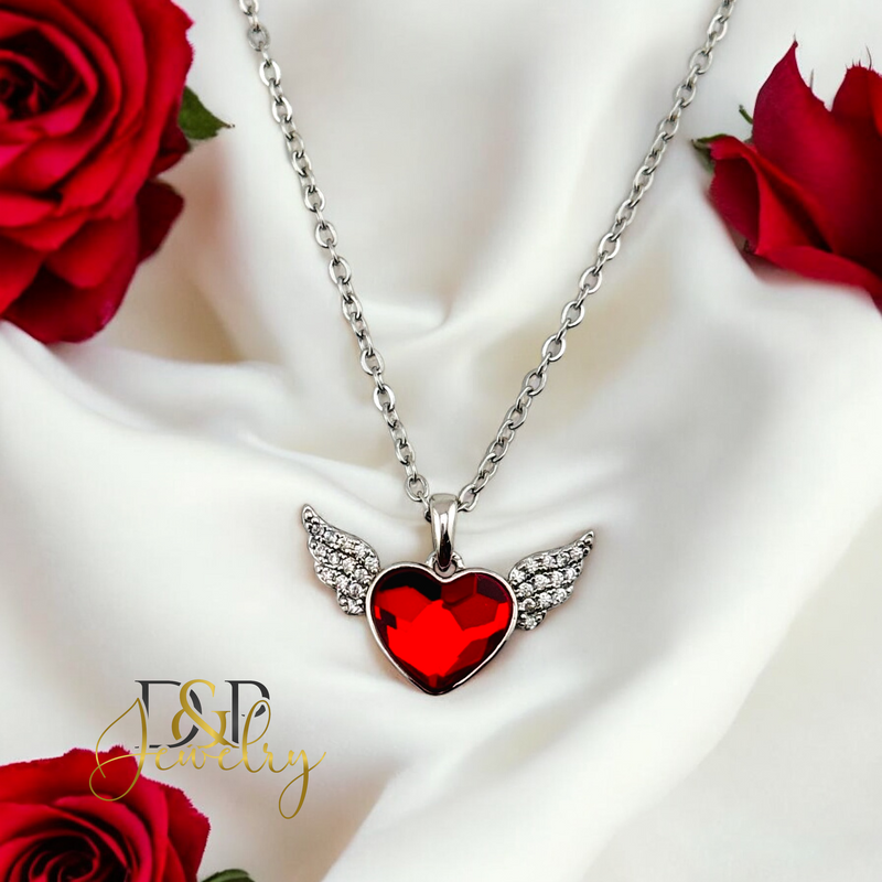 14K WOMAN SILVER RED WING HEART FASHION NECKLACE N252