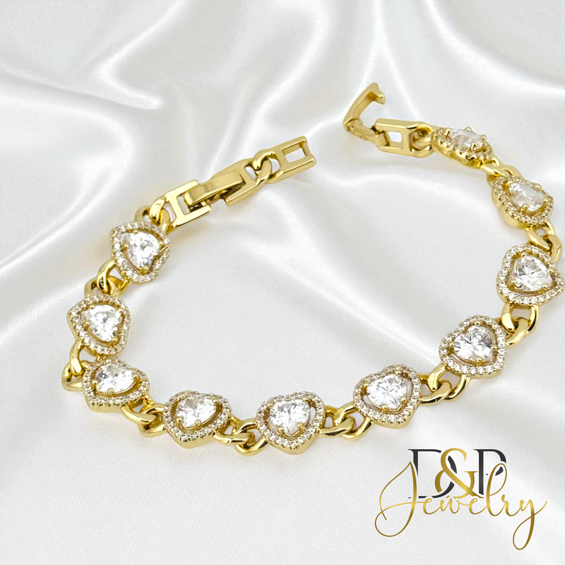 14K GOLD HEARTS/WHITE STONES BRACELET BR785