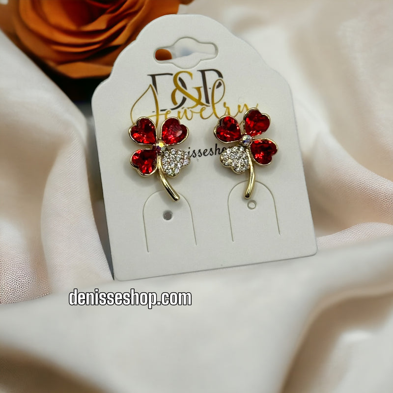 14K Clover Red stone Earrings E332