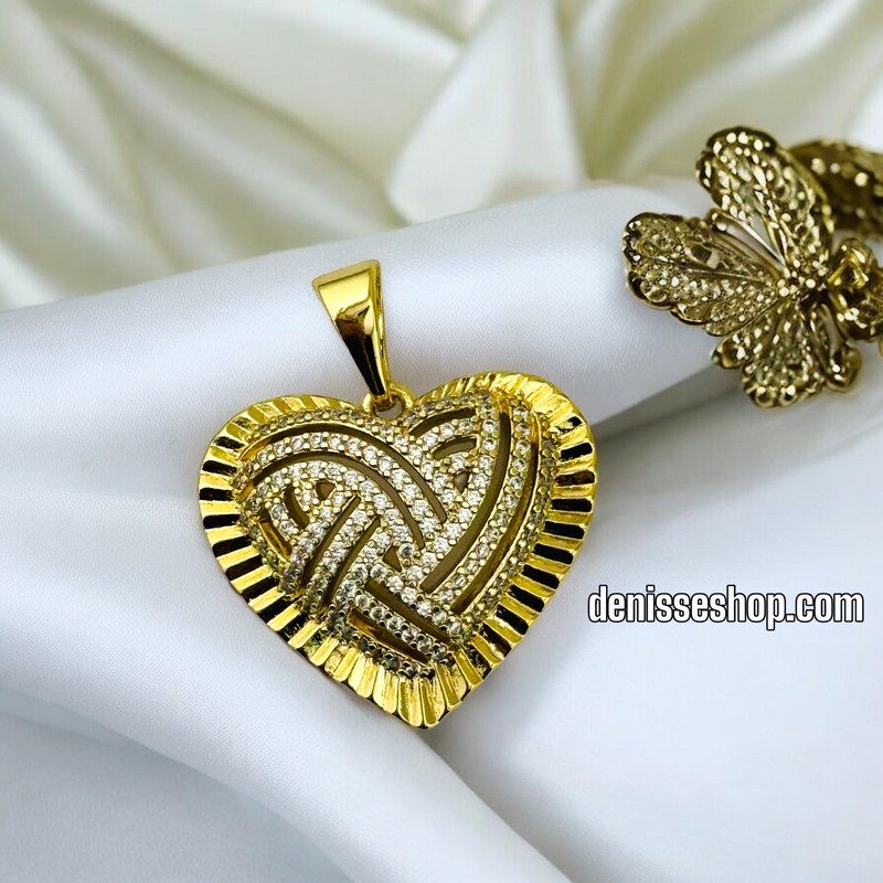 14K GOLD / WHITE STONE HEART IN HEART PENDANT P495