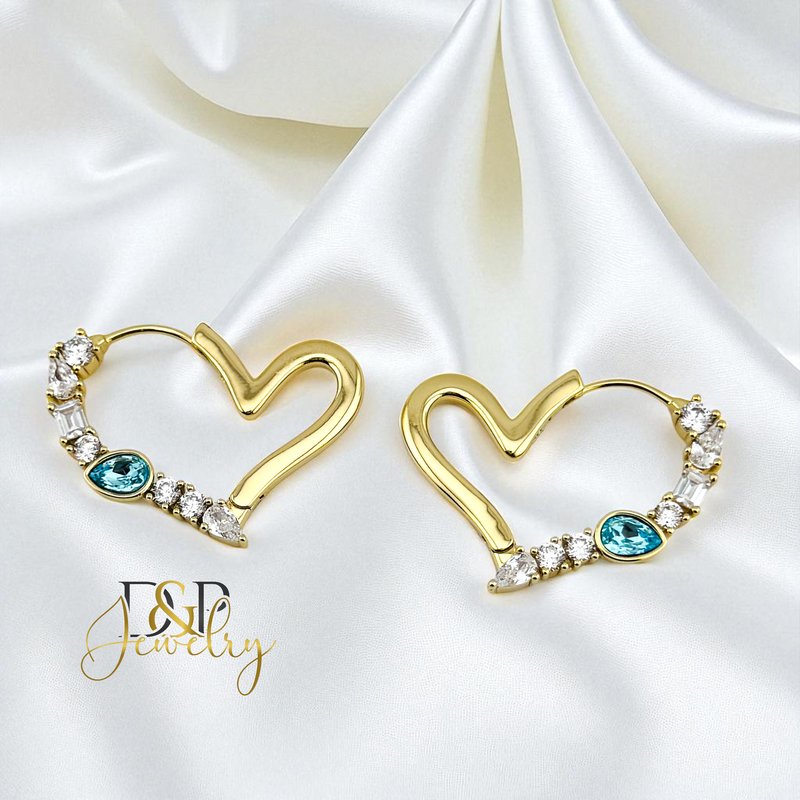 14K GOLD/HEART /BLUE STONE DESIGN HOOP EARRING HP801