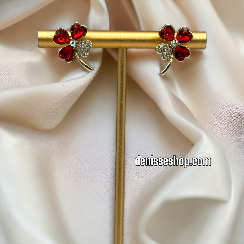 14K Clover Red stone Earrings E332