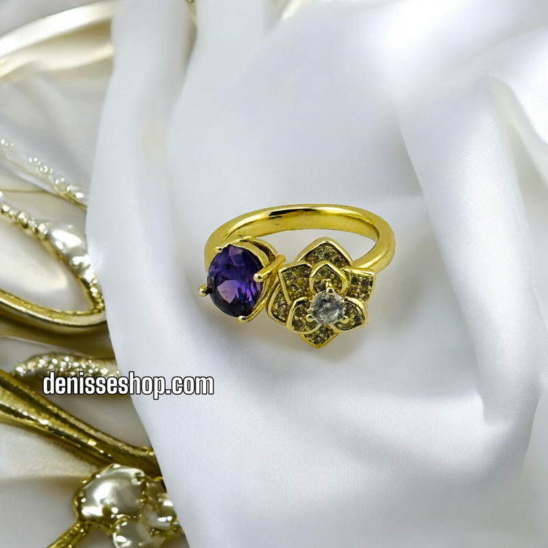 14K ADJUSTABLE FLOWER PURPLE STONE RING RG217