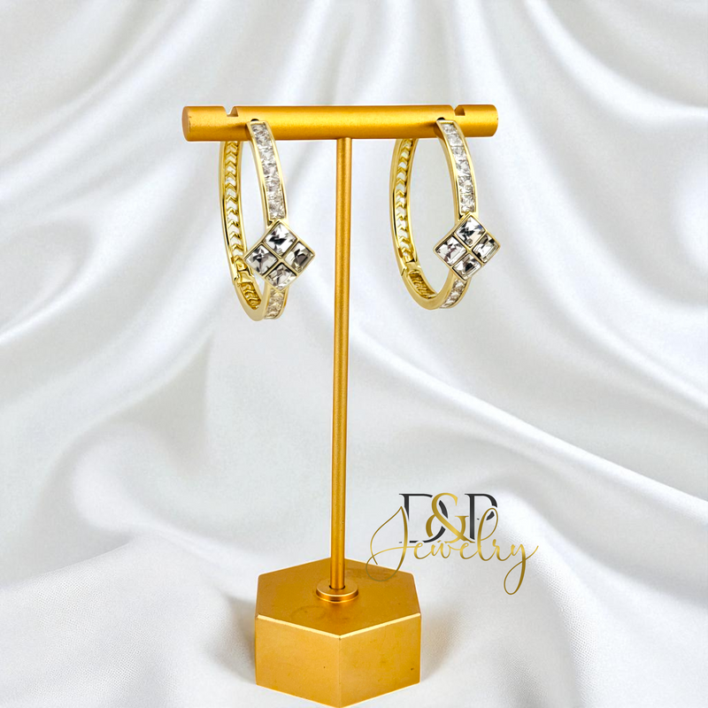 14K GOLD/LONG SIZE WHITE STONE DESIGN HOOP EARRING HP802