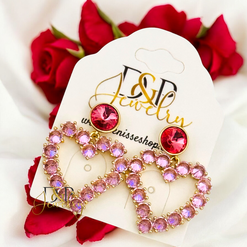 14K PINK STONES HEART EARRING E880