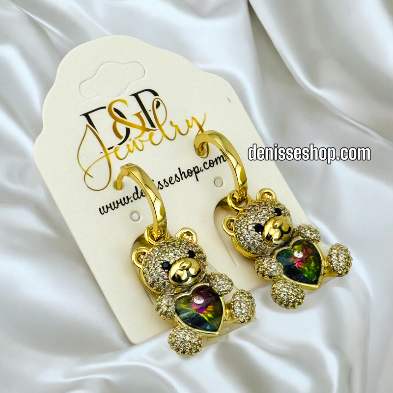 14K GOLD / MULTICOLOR STONE BEAR  EARRING E683