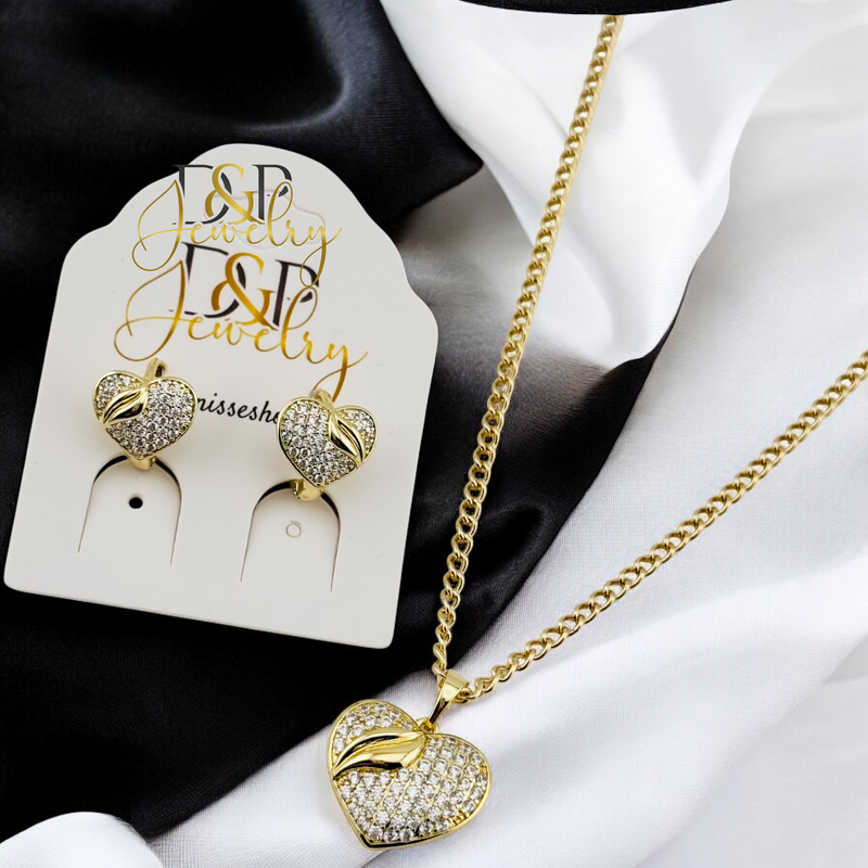 14K GOLD /BLING HEART NECKLACE SET N295