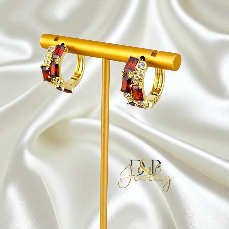 14K GOLD /SHORT COLOR STONES 4 VARIANT HOOP EARRING HP819