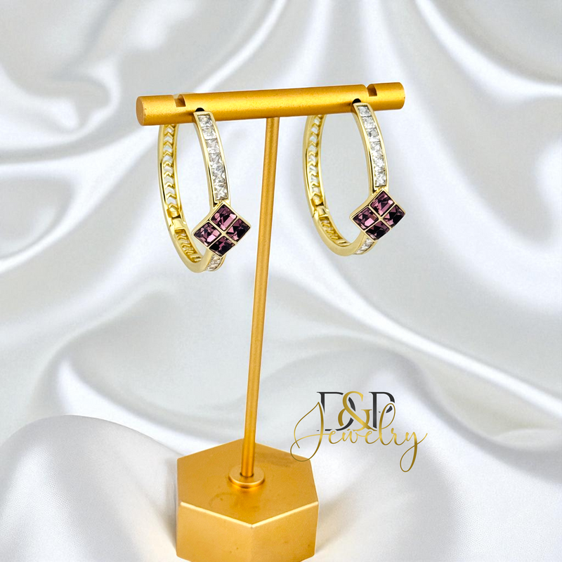 14K GOLD/LONG SIZE PURPLE STONE DESIGN HOOP EARRING HP804