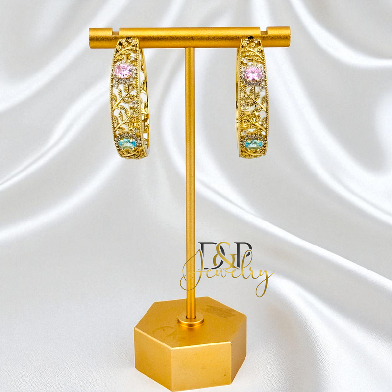 14K GOLD/LONG SIZE/BLUE/PINK STONE DESIGN HOOP EARRING HP807