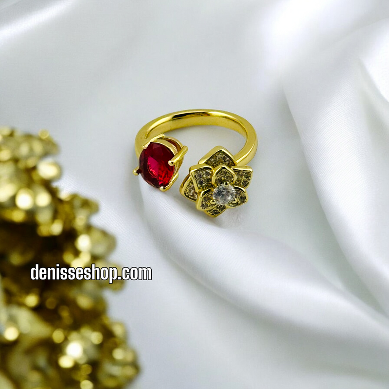 14K ADJUSTABLE FLOWER RED STONE RING RG216