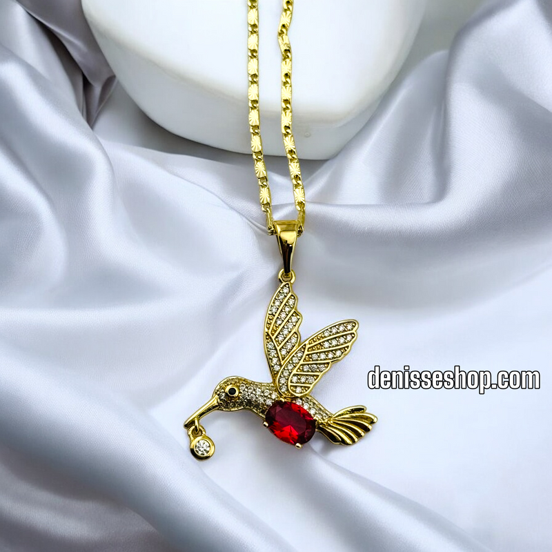 14K GOLD / WHITE/ RED STONE BIRD PENDANT P490