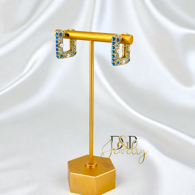 14K GOLD /FANCY SQUARED SHAPE 2 VARIANTS STONES HOOP EARRING HP823