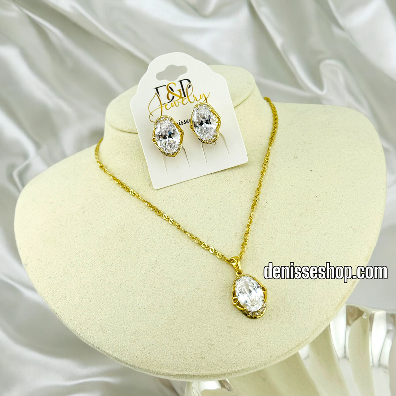 14K GOLD /  WHITE STONE NECKLACE AND EARRING SET N44