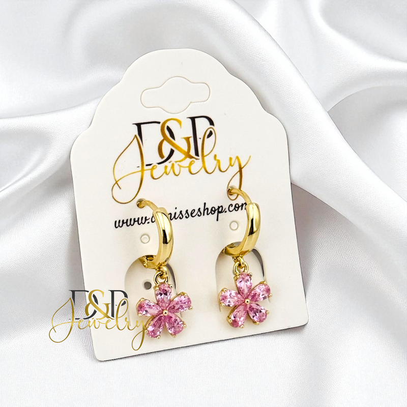 14K GOLD /PINK DANGLE STAR HOOP EARRING HP809
