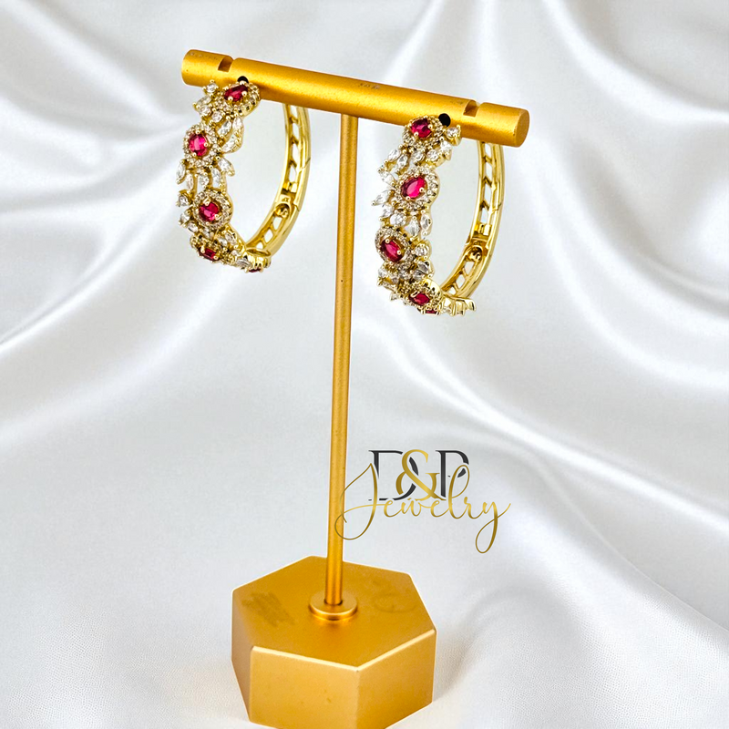 14K GOLD /LONG COLOR STONES 3 VARIANTS HOOP EARRING HP814