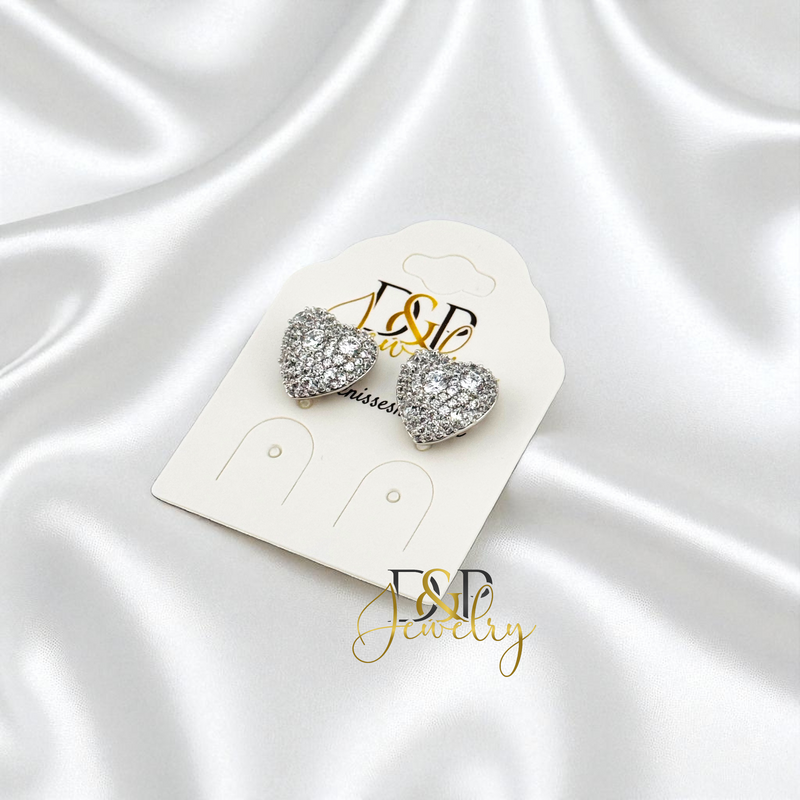 14K SILVER SMALL BLING HEART DESIGN STUD EARRINGS E1031