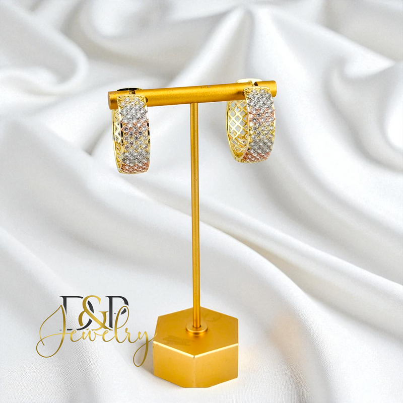 14K GOLD/WHITE STONE FASHION MEDIUM  HOOP EARRING HP749