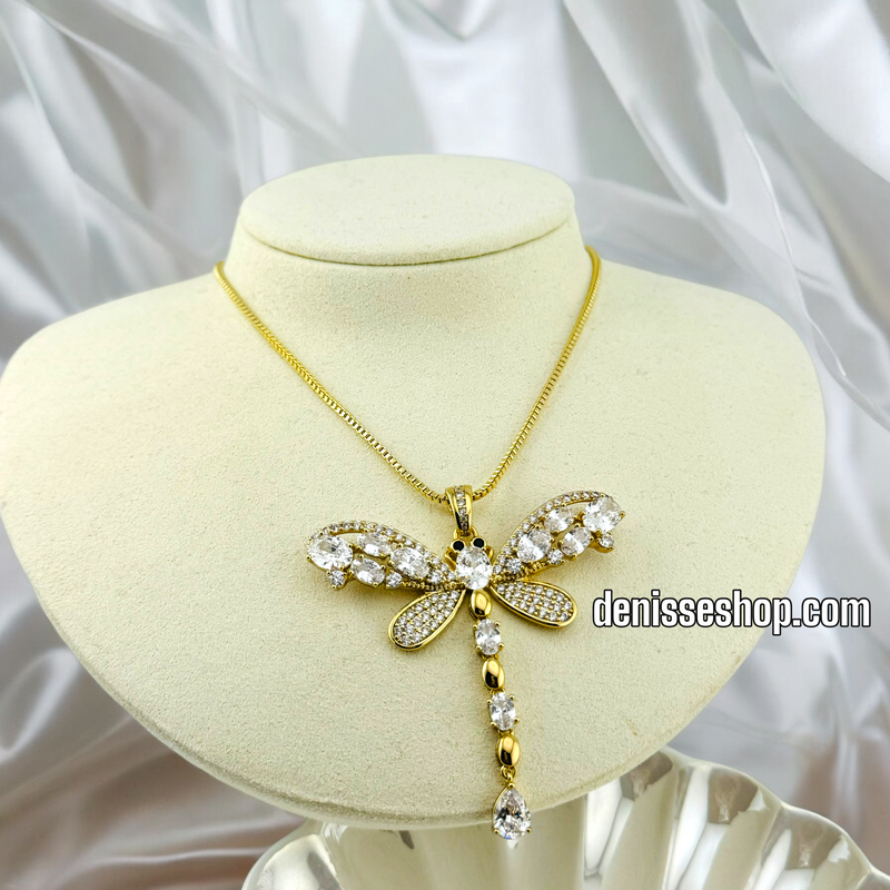 14K GOLD /  WHITE STONE DRAGONFLY NECKLACE  SET N48