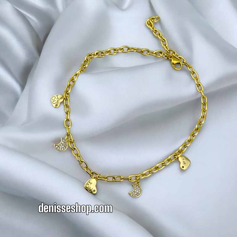 14K MOON AND HEARTS ANKLET BRACELET A17