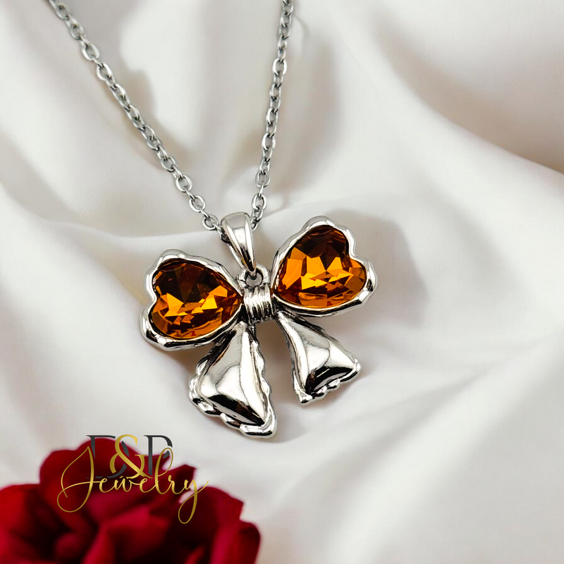 14K WOMAN SILVER AMBER BOW FASHION NECKLACE SET N255
