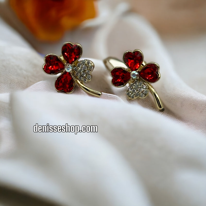 14K Clover Red stone Earrings E332