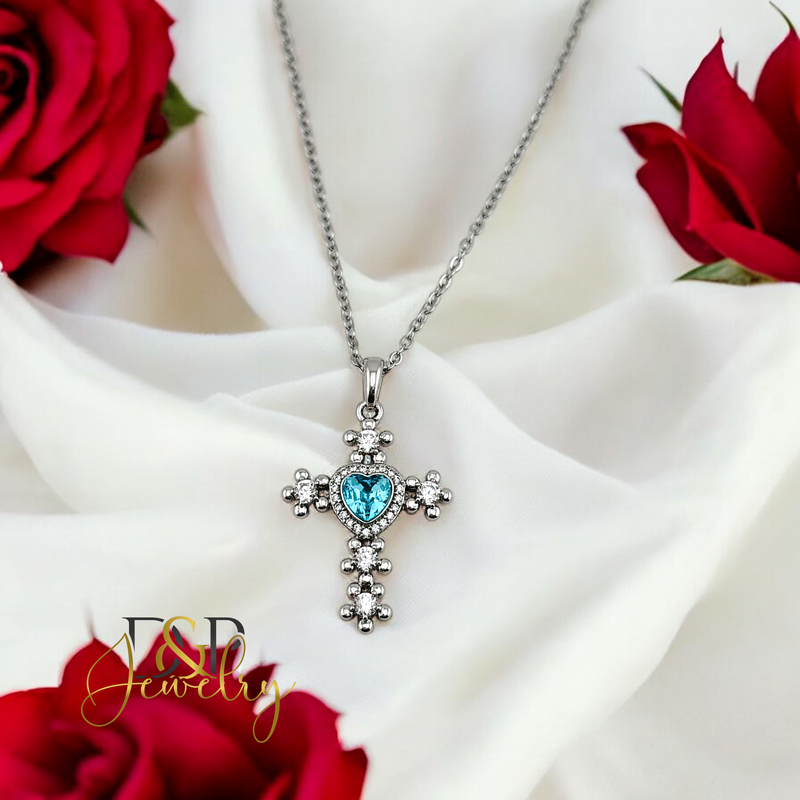 14K WOMAN SILVER BLUE CROSS FASHION NECKLACE N254