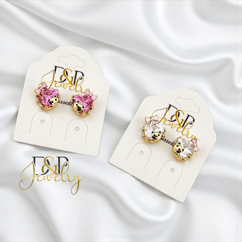 14K GOLD/HEART STONE/CHARMS 2VARIANTS STUD EARRING E1024