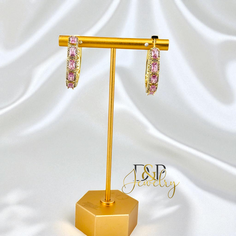 14K GOLD /PINK STONES HOOP EARRING HP832