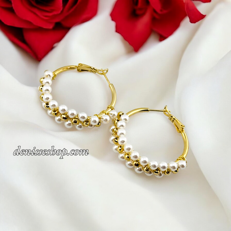 14K LOVELY PEARL GOLD HOOPS HP621