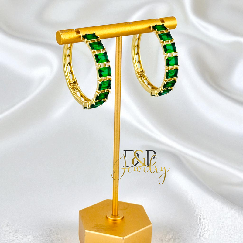 14K GOLD /LONG COLOR STONES HOOP 2 VARIANT EARRING HP817