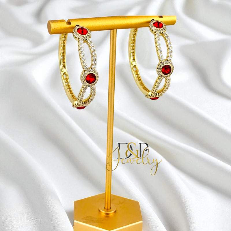 14K GOLD /LONG COLOR  STONES 3 VARIANTS HOOP EARRING HP826
