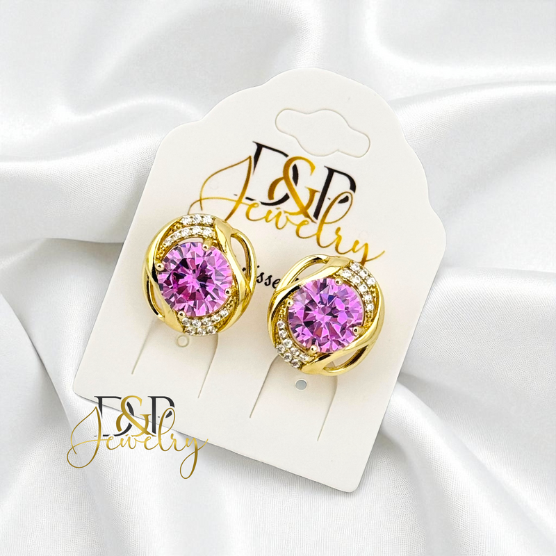 14K GOLD/PINK STONE FANCY HUGGIE EARRING E996