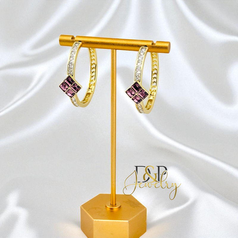 14K GOLD/LONG SIZE PURPLE STONE DESIGN HOOP EARRING HP804